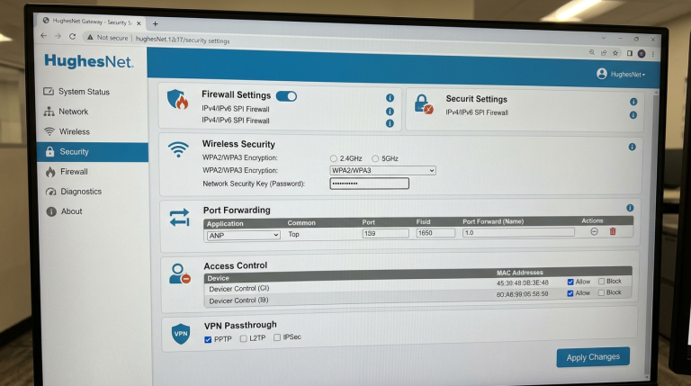 HughesNet router security settings screen with firewall, wireless security, port forwarding, access control, and VPN passthrough options