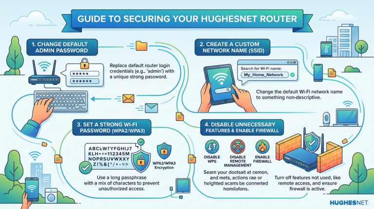 Guide to securing HughesNet router with password change, custom SSID, strong Wi-Fi password, and firewall